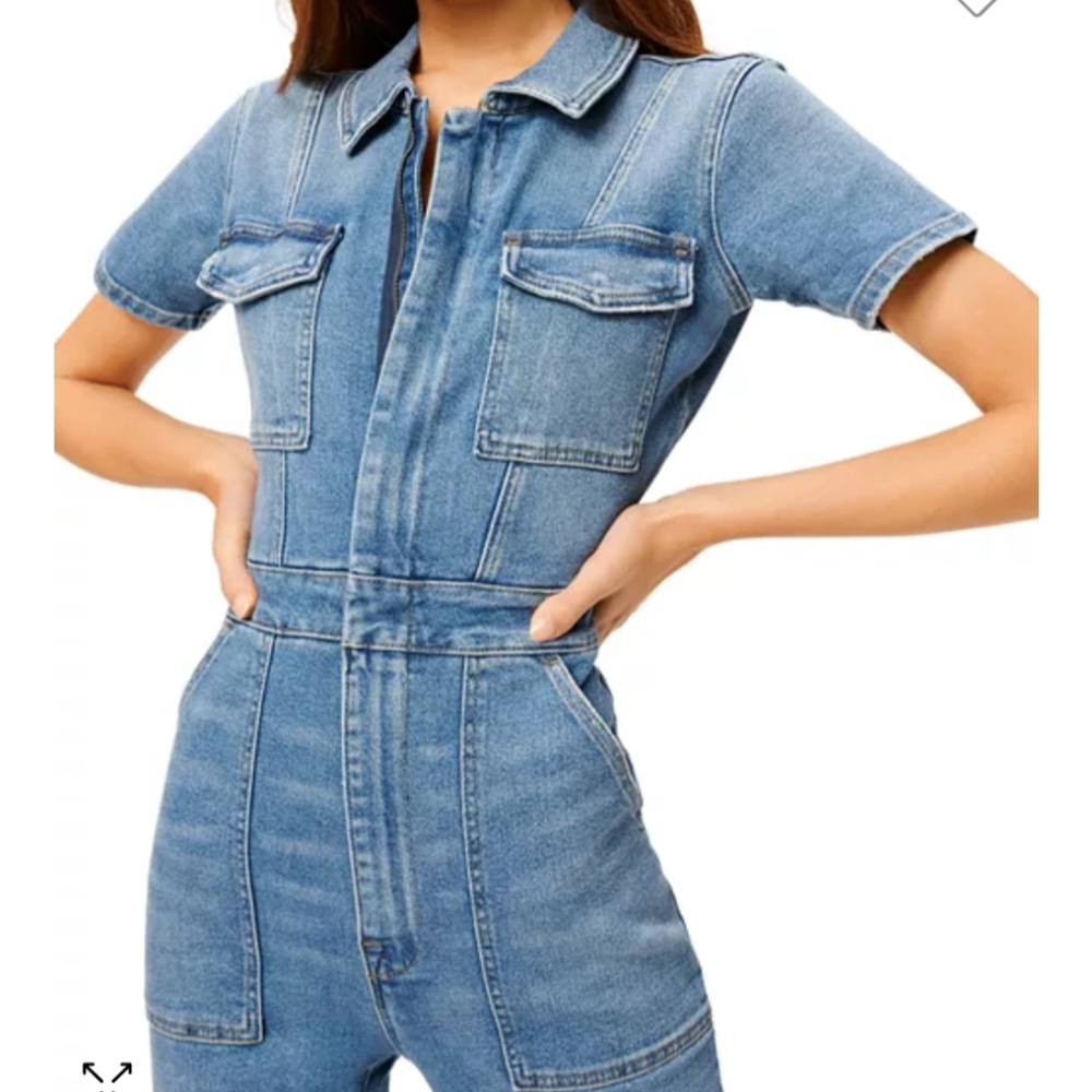 Good American Light Blue Denim Short Sleeve Jumpsuit